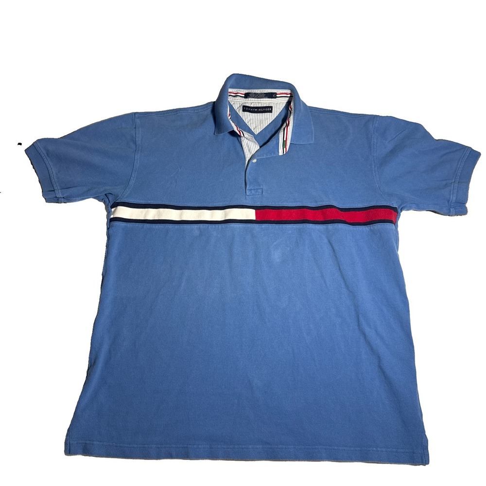 Tommy Hilfiger Polo Shirt Mens XL Blue Striped 100% Cotton Collared Short Sleeve